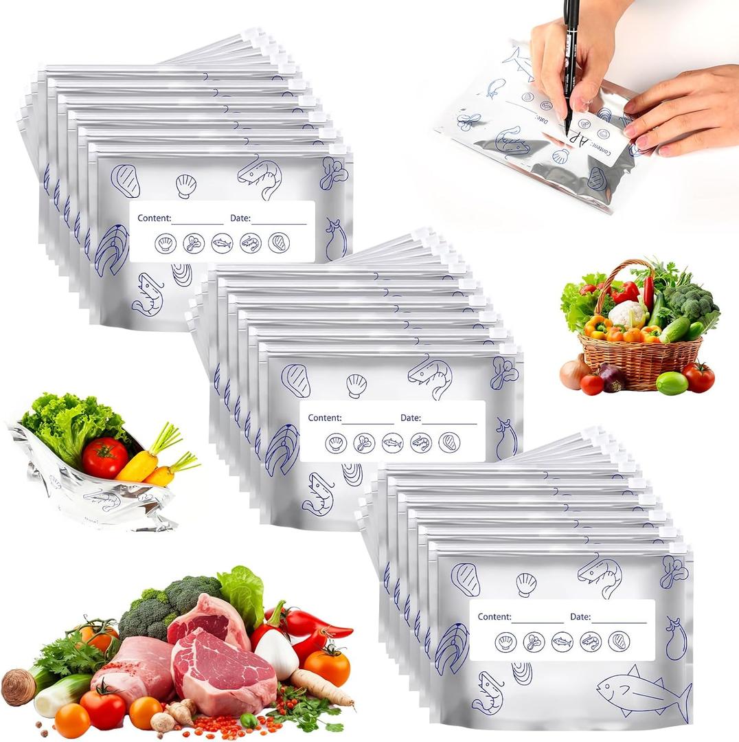 30Pcs Reusable Aluminum Foil Sealable Storage Bags, Resealable Vacuum Zipper Pouches, Thicken Stand Up Foil Sealable Bags with Label and Zip Lock, Aluminum Foil Bags for Food, Vegetable Fruit Meat(Small)