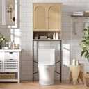 Rattan Toilet Storage Cabinet, Over The Rack Wood Cabinet with Metal Stand, Bathroom Organizer with Adjustable Shelf, Tall Freestanding Washer Shelf, Small Cupboard, Natural (Rattan Door-natural)