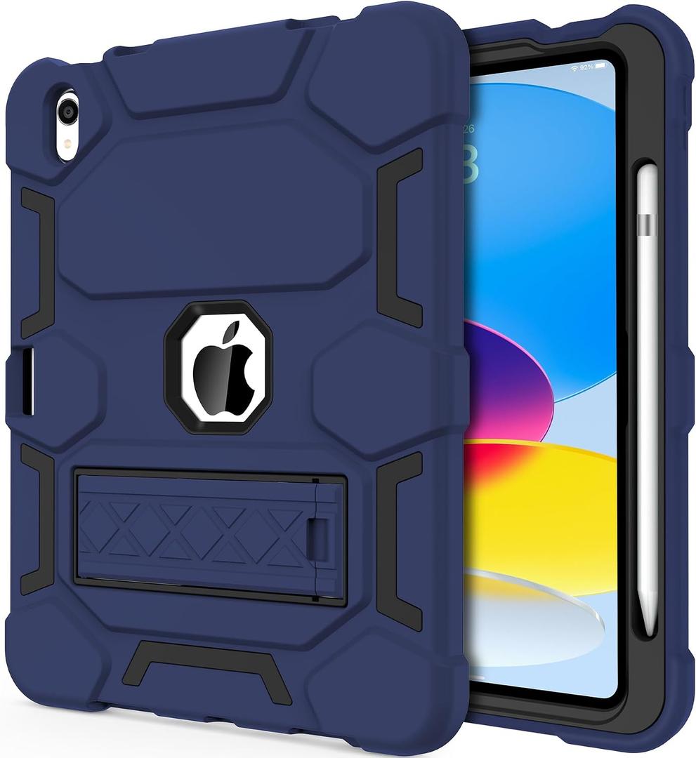 CCMAO Case for iPad 10th Generation 10.9 Inch 2022, iPad (A16) 11th Generation 11 Inch 2025, with Kickstand & Pencil Holder, Heavy Duty Shockproof Hybrid Protective Cover, Navy Blue+Black