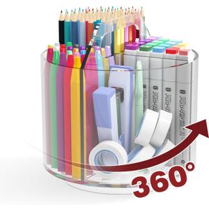Absonic Pencil Holder for Kids, 360 Rotating Pen Holder for Desk Organizer and Storage, 4 Compartments Art Supply Marker Organizer, Acrylic Kids Desk Organizer for School Lazy Susan Organizer