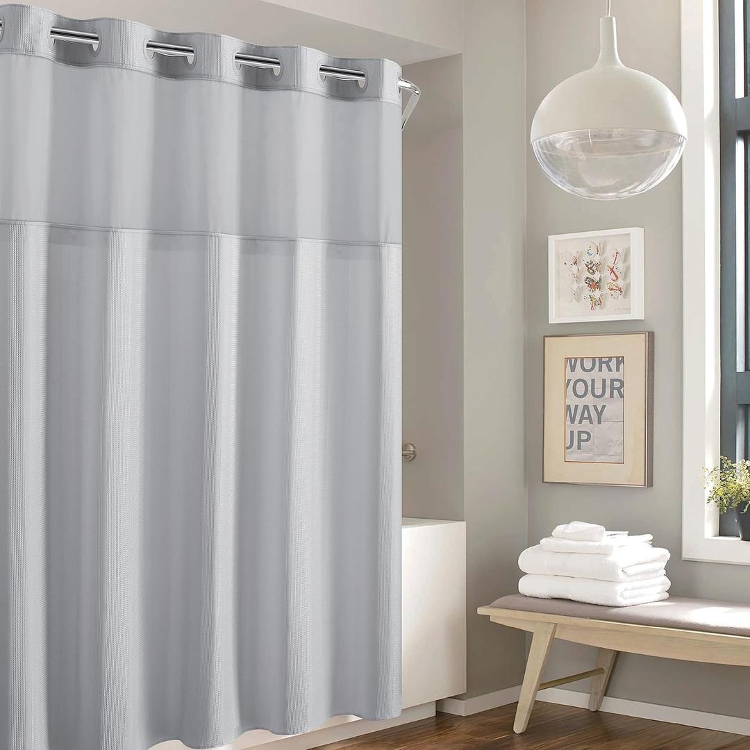 Hookless Its A Snap! Waffle Stripe Shower Curtain, 2-in-1 Shower Curtain Includes Fabric Shower Curtain with Sheer Top Window and Flex-On Rings, Liner Compatible, 71 x 74, Light Grey