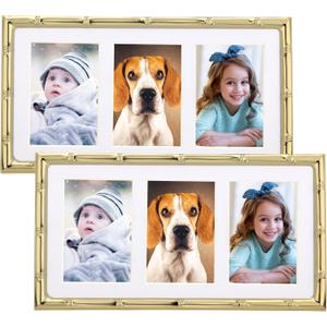 3-2x3'' Gold Multi Metal Picture Frame 3 section frame 2pack, Elegant Bamboo Detail Designs Gold Plated Photo Frames 3-2x3'' Baby Nurse frames With Soft Touch Velvet Backing for Desktop and Wall Dcor(Gold)