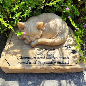 Pet Grave Markers Garden Stones, Personalized Cat Memorial Statue with Sleeping Cat, Customizable Headstone Outdoor Memorial Gifts
