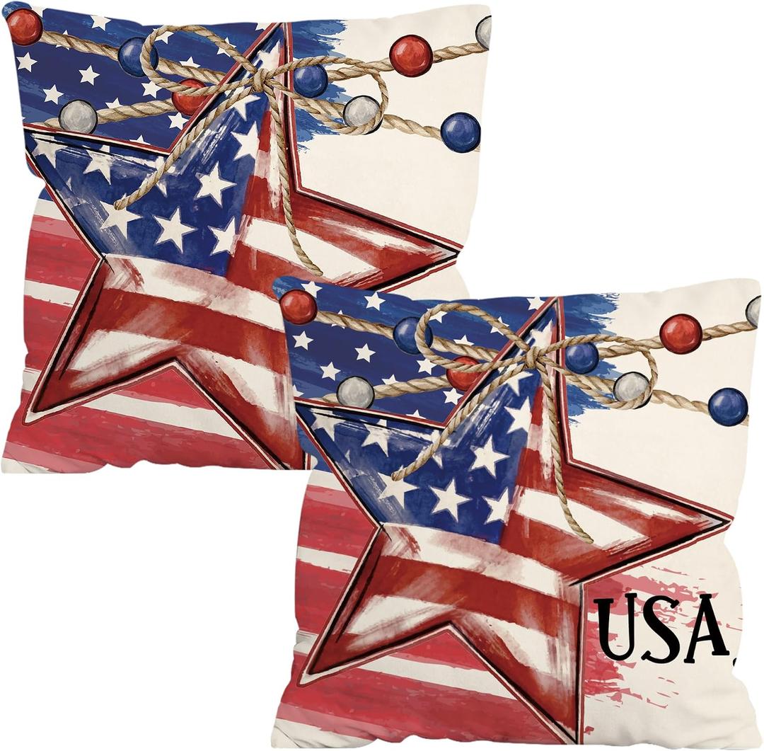 FUTBU 4th of July Pillow Covers 18x18 Set of 2, American Flag Stars Patriotic Throw Pillow Covers, Red White Blue Independence Day Decorative Cushion Cases for Home Sofa Outdoor Decor