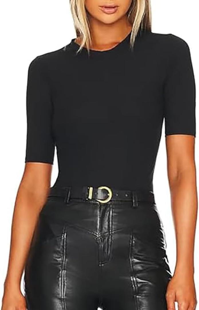 BONITEE Women Bodysuit Tops Summer Half Sleeve Bodysuit Shirts 2025 Trendy Casual Ribbed Slim Fit Round Neck Jumpsuit Blouses (Medium, 01_black)