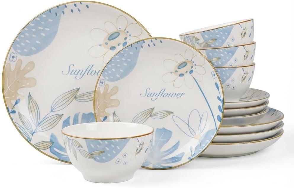 12-Piece Ceramic Dinnerware Set for 4, Blue Floral