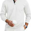 Lexiart Mens Fashion Quilted Long Sleeve Sweatshirts Thermal Stand Collar Quarter Button Up Pullover Sweatshirt (White, XXL)