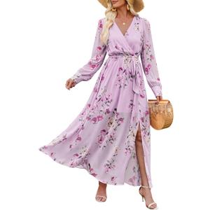 ANRABESS Womens Long Sleeve Floral Maxi Dress Boho Flowy Wrap Slit V Neck Beach Fall Wedding Guest Party Vacation Dresses Floral Purple X-Large
