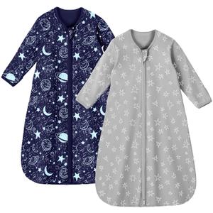 Baby Sleep Sack 6-12 Months 100% Cotton Long Sleeve Wearable Blanket Baby Sleep Bag with 2-Way Zipper 2 Pack 0.5 Tog Sleeping Sack for Newborn Infant Blue Grey Planet (Medium)
