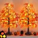 2 Pack 24 Inch Maple Tree Fall Thanksgiving Table Decorations with 48LED Battery Operated Lighted Tabletop Artificial Tree with Pumpkin Acorn Maple Fall Thanksgiving Decor Centerpieces Indoor for Home