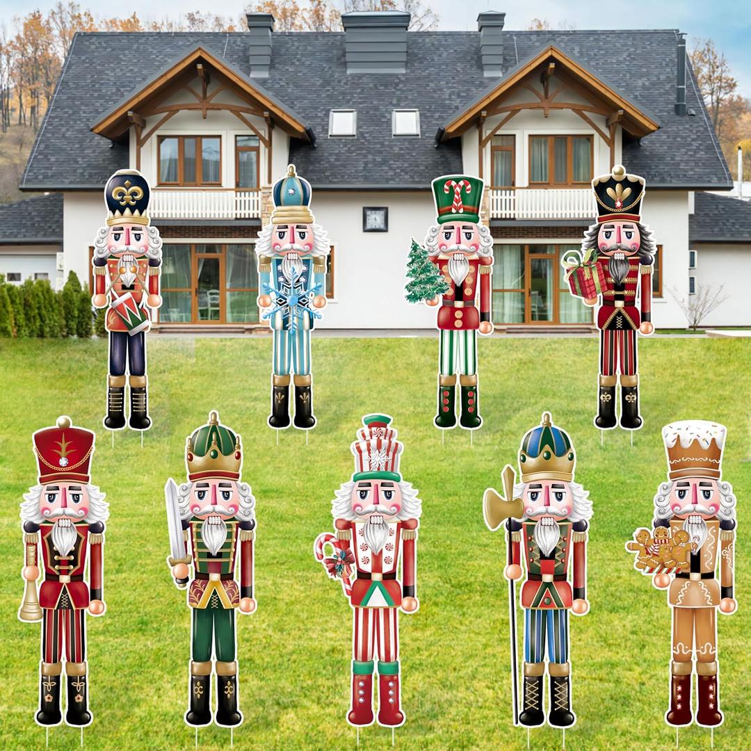 TREWAVE 9 Pcs Christmas Yard Signs with Stakes - Nutcracker Yard Stakes Winter Outdoor Decorations for Lawn Pathway Outside Decor