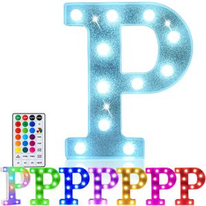 Pooqla Colorful Light Up Letters, Led Marquee Letter Light Sign Battery Powered, 18 Colors Lamp with Remote for Birthday Party Wedding Home Christmas Decoration, Glitter Silver Letter P