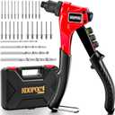 KOOPOOL Rivet Gun Kit, Adjustable Stroke Design Manual Pop Rivet Tool with 200 Rivets and 4 Drill Bits, 4 Tool-Free Rivet Heads, Heavy-Duty Hand Riveter with Sturdy Case for Metal, Plastic, Leather