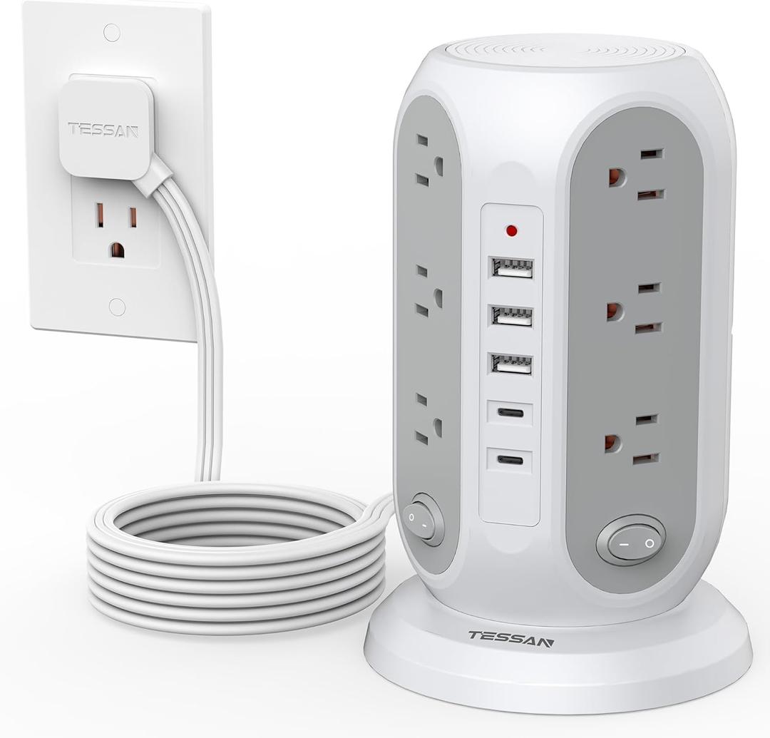 Tower Power Strip with Individual Switches, TESSAN Surge Protector with 12 Outlets, 5 USB Ports(2 USB C), Flat Extension Cord 10 Ft, Flat Plug, Charging Station for Multiple Devices, for Office, Dorm (Grey)
