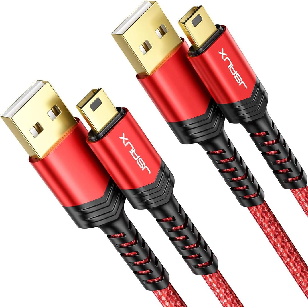 JSAUX Mini USB Cable[2-Pack 3.3ft+6.6ft], USB 2.0 Type A to Mini B Fast Charging Braided Cord for GoPro Hero 3+, PS3 Controller, MP3 Player, Dash Cam, Garmin Nuvi GPS, Camera, Blue Yeti, Red