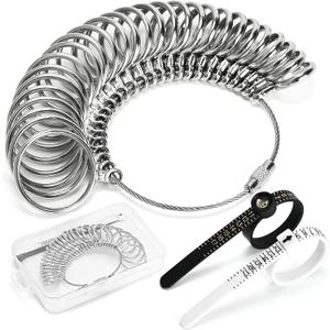 Ring Sizer Measuring Tool, 3 Types, 27 Pcs Metal Ring Sizing Kit, US Sizes 0-13 with Half Size, 2 Pcs Plastic Finger Measurer for Men/Women, USA 1-17 with Magnified Glass