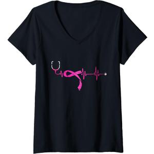 Womens Pink Ribbon Stethoscope Nurse Life Breast Cancer Survivor V-Neck T-Shirt