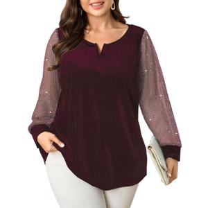 SCOMCHIC Women's Plus Size Blouses Long Sleeve V Neck Sparkly Sequin Velvet Top Dressy Casual Loose Shirts Party Tops (X-Large Plus, Burgundy)