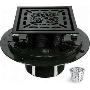 4 Inch Shower Drain, Square Shower Floor Drain Kit with Flange and Removable Cover Grate, AISI 304 Stainless Steel, Matte Black