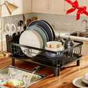 Dish Drying Rack, Space-Saving Dish Rack, Dish Racks for Kitchen Counter, Kitchen Dish Drainers with Removable Utensil Holder, Plate Rack and Drainboard, 11''W x 15''L, Black