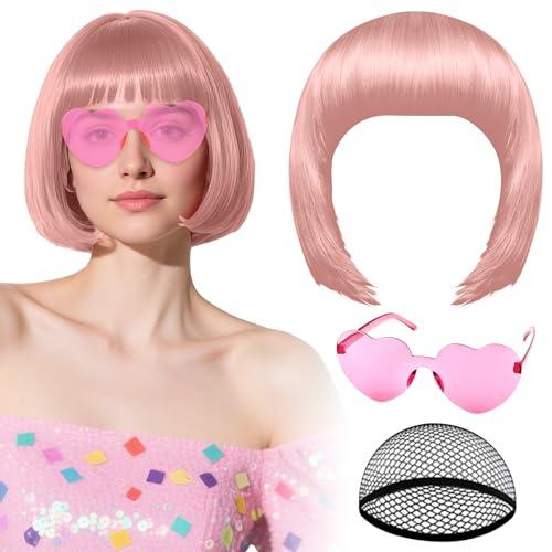 PLULON Lovely Pink Bob Wig with Heart Sunglasses Hair Cap, Colorful Short Bob Wigs Synthetic Party Wigs Funny Cosplay Hairpieces for Women Men Daily Bachelorette Halloween Costume Party Decorations