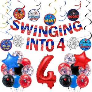 Spider Theme 4th Birthday Party Supplies Decorations Swinging into 4 Banner Red Blue Spider Theme Number Foil Balloons Hanging Swirl Cards Cartoon Parties Spiders Birthday Party Supplies
