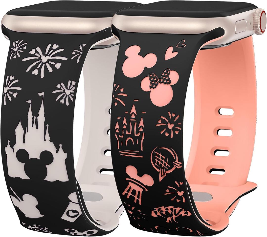 2 Packs Cartoon Engraved Band Compatible with Apple Watch Band 49/46/45/44/42/41/40/38mm Women Two-Tone Cute Soft Silicone Sport Strap for iWatch SE Series 10/9/8/7/6/5/4/3/2/1/Ultra(1/2) (Black Starlight/Black Peach Powder)