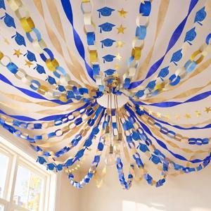 TaoBary Graduation Decorations 2026 Blue and Gold Grad Party Decoration Includes 42ft Graduation Cap Banner Star Garland 328ft Blue Gold Streamers 400pcs Glitter Paper Chain for Class of 2026 Decor