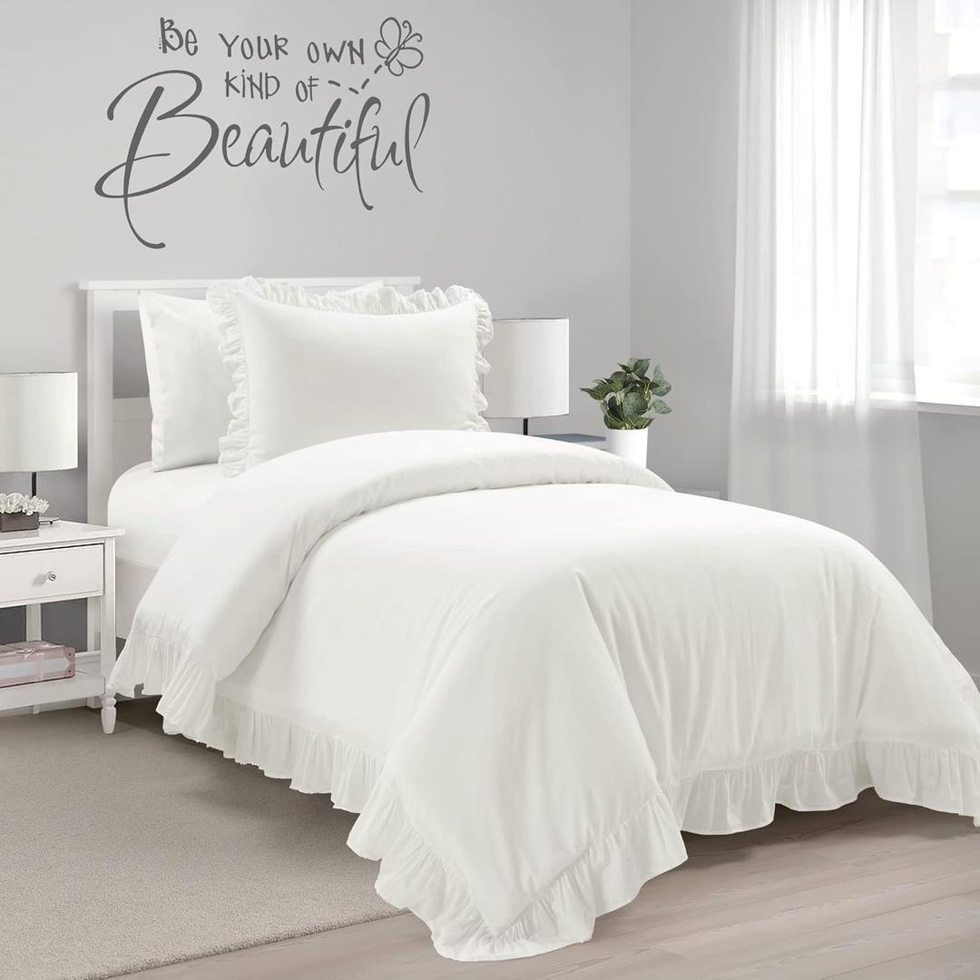 Lush Decor Reyna Ruffle Cotton Duvet Cover Set 2 Piece Set Twin XL, White - Cute Teen Bedding Set - White Duvet - Ruffled Bedding - Coquette Dorm Decor