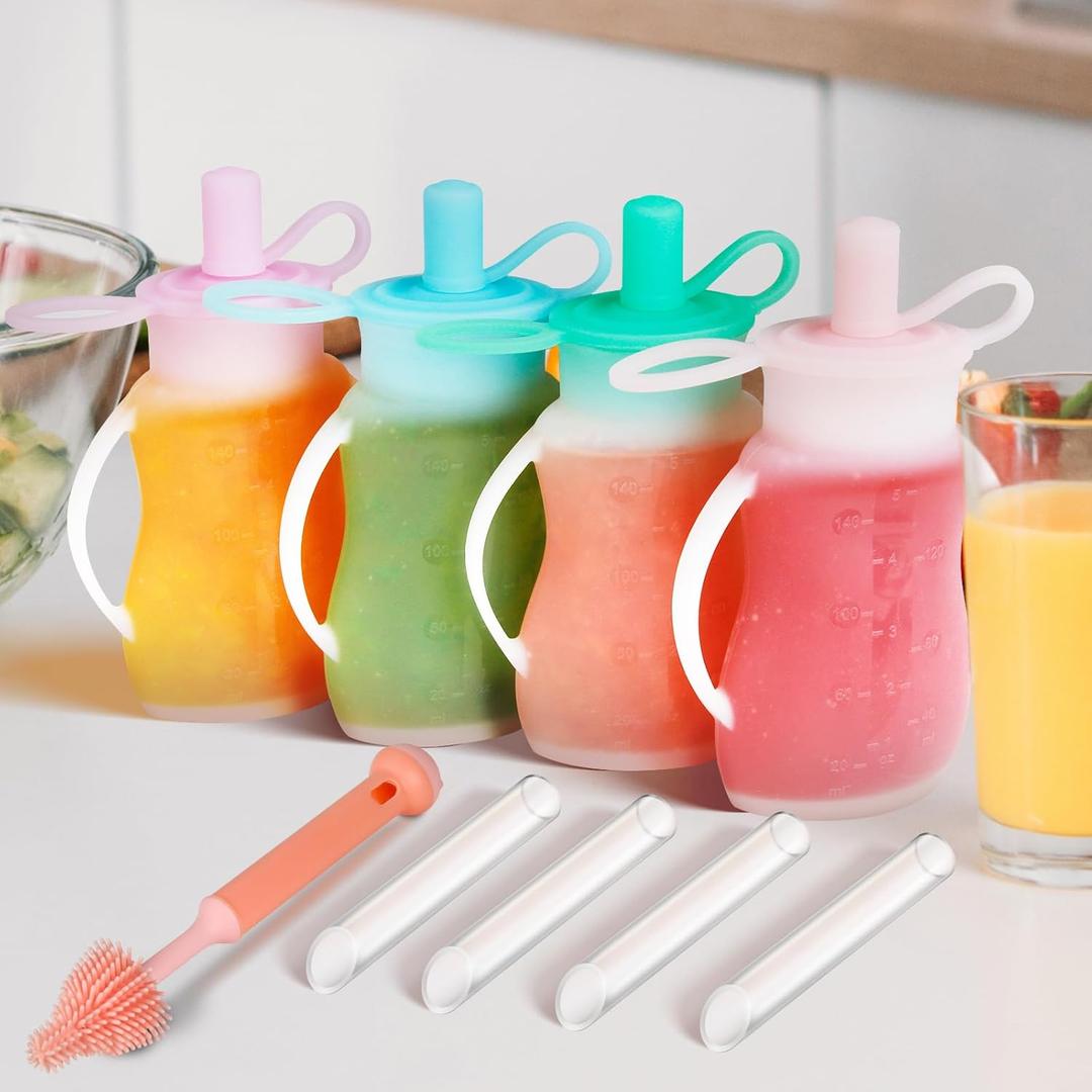 Silicone Reusable Pouches for Toddlers, 4 Pack Reusable Baby Food Pouches with Straws, Baby Food Pouches Refillable for Homemade Puree, Dishwasher, Freezer, Microwave Safe, 5 oz