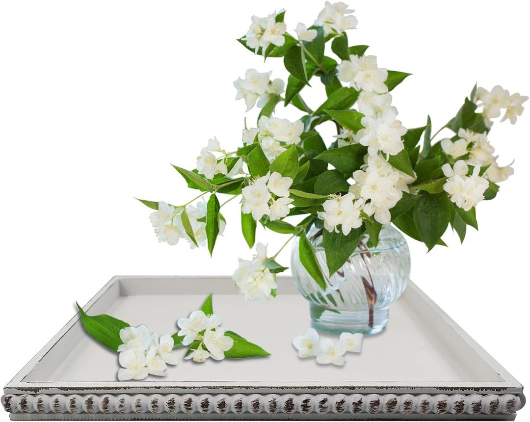 Hodeframe12x16 Rectangular Decorative Tray for Coffee Table: White Wood Butler Serving Tray Candle Holder Trays Vintage Centerpiece Farmhouse Ottoman Tray for Decor Countertop Home Decor Accessories