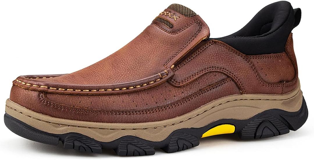 UPIShi Men's Hands Free Slip On Walking Leather Loafers Slip-ins Work Office Dress Casual Outdoor Lightweight Cushioning Shoes (Brown) 12