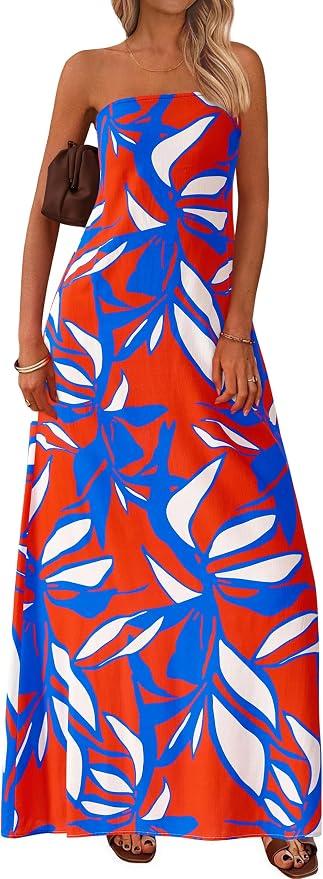 MASCOMODA Summer Boho Floral Maxi Dresses for Women 2025 Strapless Tube Top Dress Smocked Flowy Beach Vacation Long Sundress(Orange Red Blue Flower,X-Large)