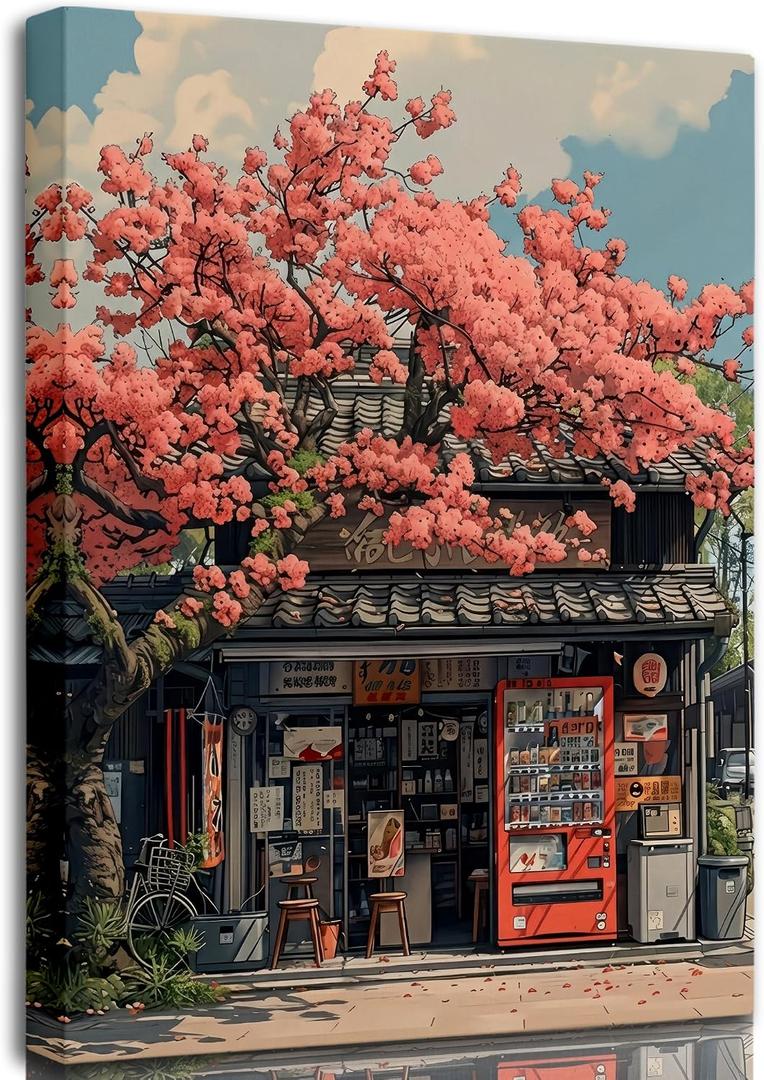 Japanese Cherry Blossom Canvas Wall Art,Vintage Convenience Store Painting Picture Wall Decor,Elegant Scenery Poster Print Artwork for Living Room Bedroom Office Home Decoration 16x24in