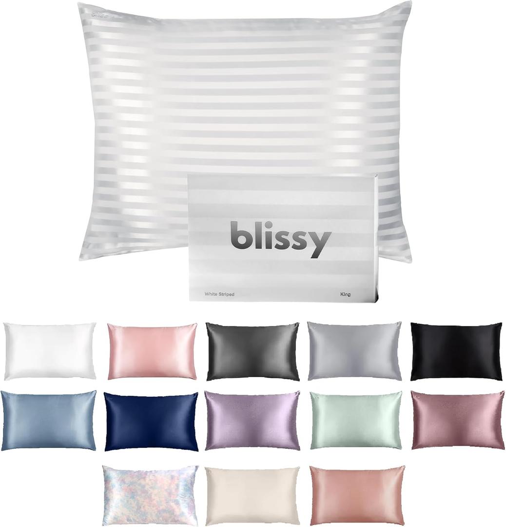 Blissy Silk Pillowcase - 100% Pure Mulberry Silk - 22 Momme 6A High-Grade Fibers - Silk Pillow Cover for Hair & Skin - Regular, Queen & King with Hidden Zipper (Standard, White Striped)