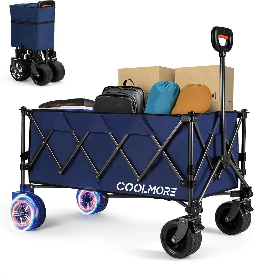 CoolMore Eletric Collapsible Utility Wagons 330lbs Capacity, Carts Foldable with Wheels Brakes Portable for Beach Garden Outdoor Sports Lounge Heavy Duty Shopping Camping Picnic (Blue)