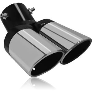 Exhaust Tip Dual Muffler Exhaust Tips, Double Outlet Bending Muffler Tail Pipe Car Stainless Steel Tail Pipe 2.5"/63mm Inlet Dual Curved Muffler Tip Bevel Port Modification Accessories(Silver)