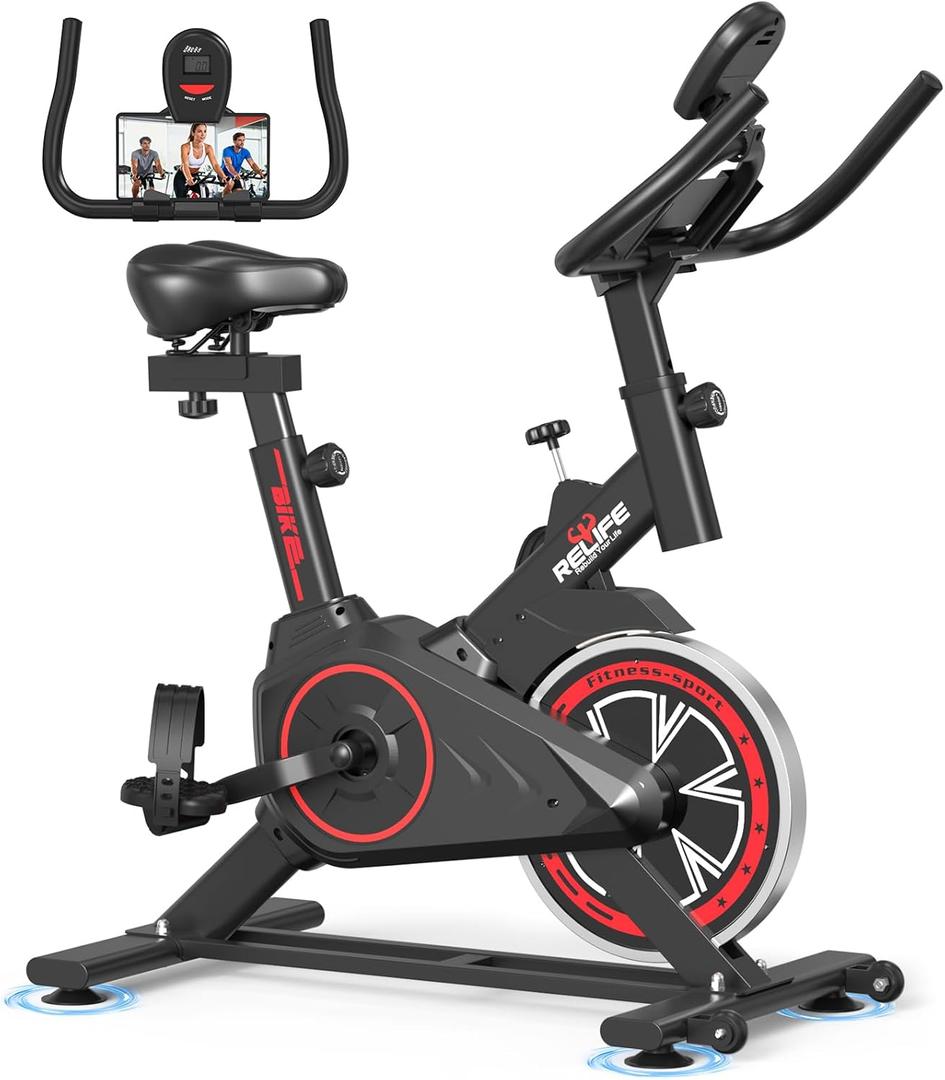 RELIFE REBUILD YOUR LIFE Exercise Bike Stationary for Home Indoor,Cycling Bike with Silent Belt Drive for Home Cardio,Brake Pad Resistance with djustable & Comfort Seat/PAD Holder/LCD Monitor. (Black)