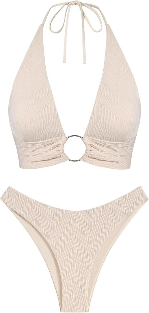 ZAFUL O Ring Halter Bikini Sets for Women High Cut Swimsuits Trendy 2 Piece Bathing Suits (X-Large)