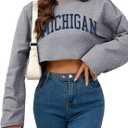Women Long Sleeve Cropped Sweatshirt Oversized Crew Neck Workout Tops Grey Michigan X-Large (Gray, XL)