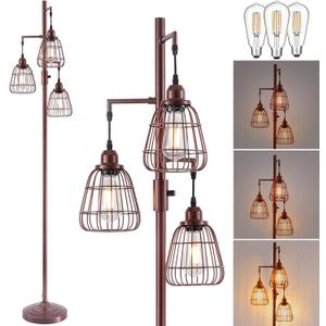9MMML Dimmable Floor Lamp,Industrial Farmhouse Tall Standing Floor Lamp for Living Room, Bedroom Office,3 Teardrop Cage Lampshade,3 LED Bulbs Inculded. 68'' Tall (Oil-Rubbed Bronze)