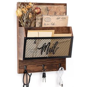 Farmhouse Mail Organizer Wall Mounted Rustic Mail Holder Hanging Key Sorter with 3 Hooks Indoor Wooden Wall Mounted, Letter, Magazines, Newspapers, Keys(Brown)