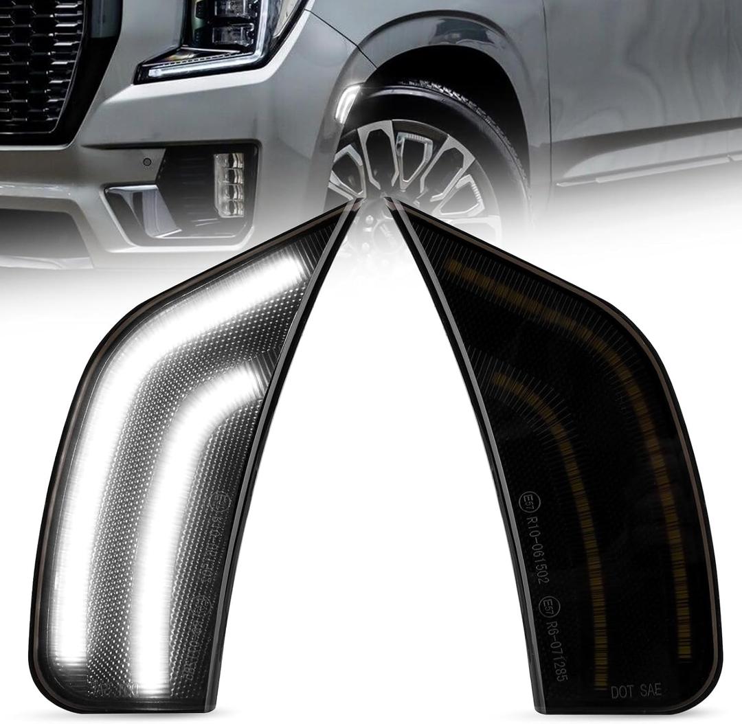 Upgraded Smoked Lens LED Side Markers Lamp Compatible with GMC Yukon/Denali/XL, Chevy Tahoe/Suburban, Cadillac Escalade/ESV 2021-2024 Driver & Passenger Side Marker Light, White LED 2PCS