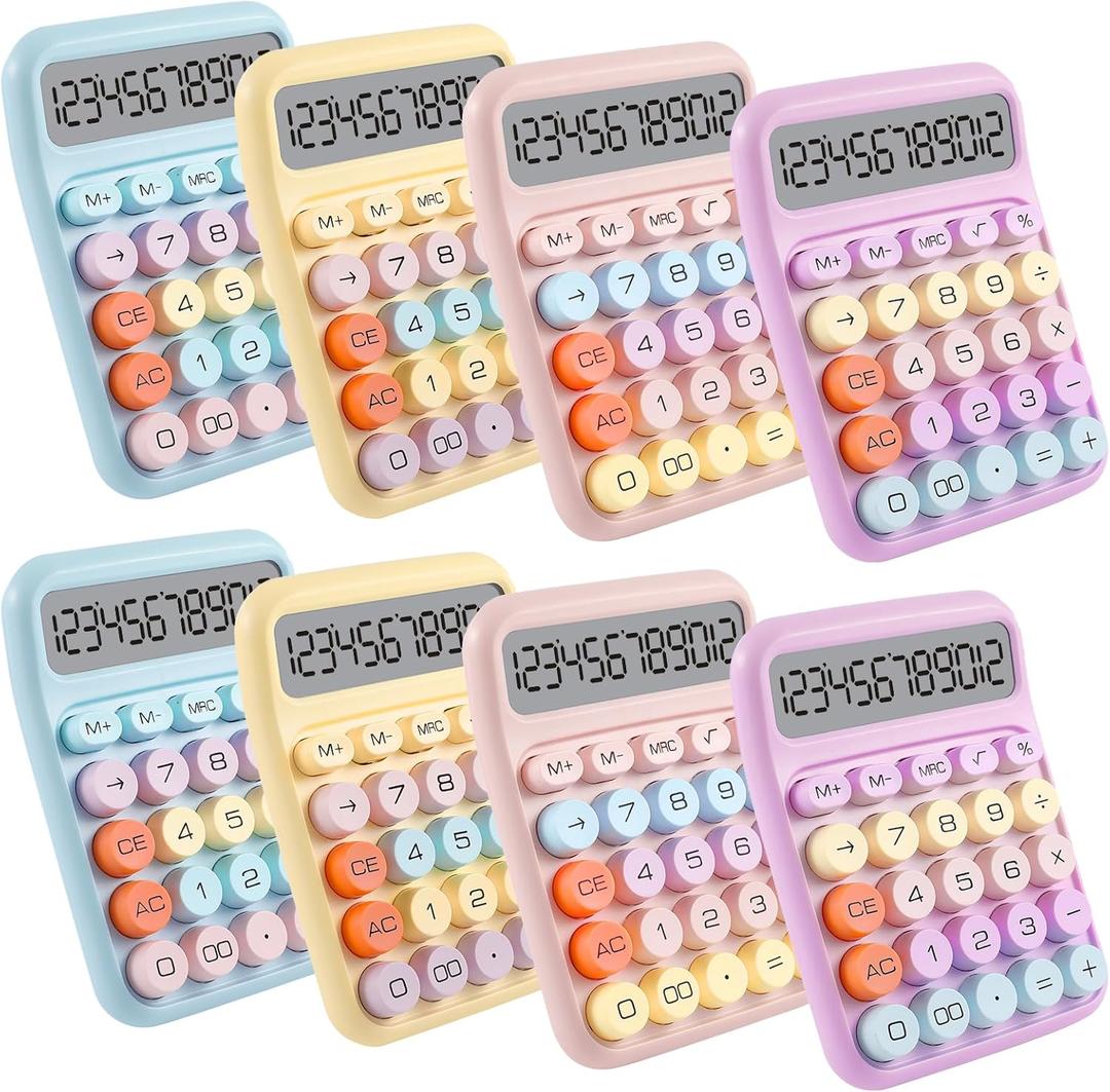 8-Pack Mechanical Keypad Calculator with Big Buttons, 12-Digit Large LCD Display Desktop Calculator, Cute Pastel Color Calculators for Students, Teachers & Office (4 Soft Colors)