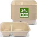 100 Pack 2 Compartment Paper Bowls for Chip Dip, Nacho Cheese, Main Dish and Sides, Microwavable Two Compartment Deep Disposable Bowls for Snacks, Party Catering