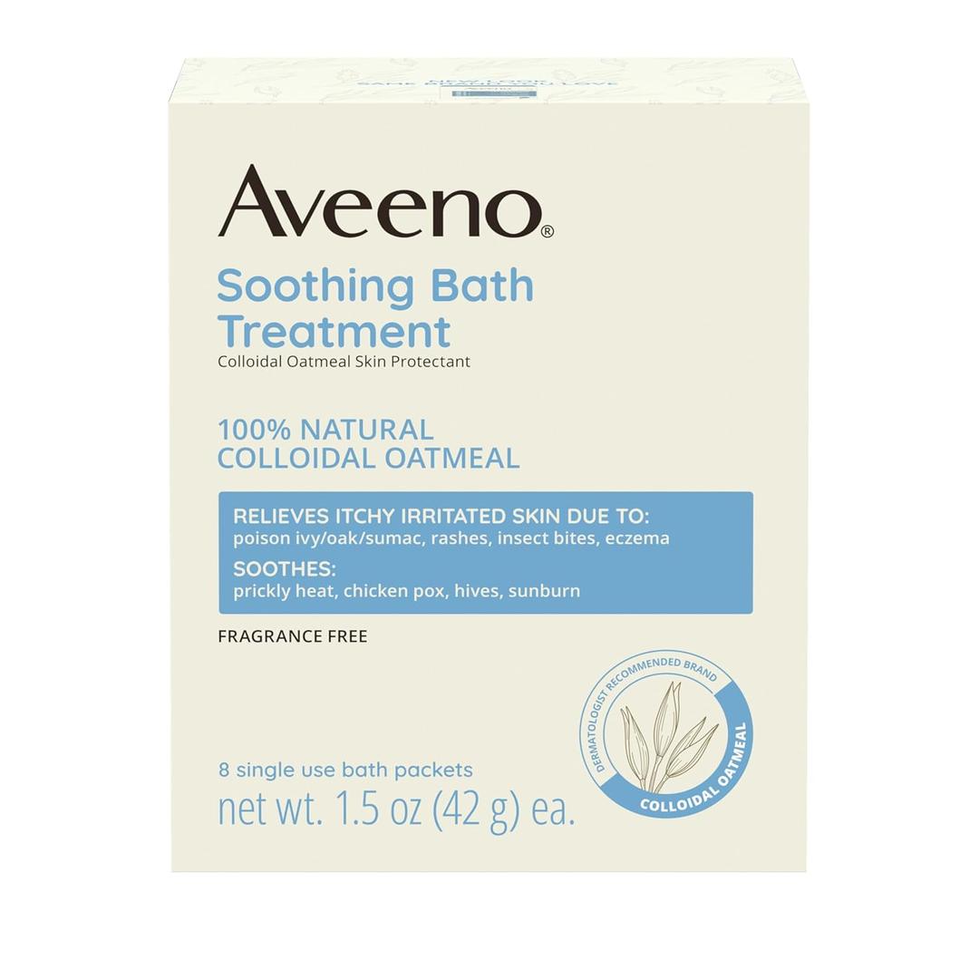 Aveeno Fragrance-Free Soothing Bath Treatment & Soak for Soothing Relief, 100% Natural Colloidal Oatmeal, Relieves Itchy, Irritated Skin Due to Eczema, 8 Single-Use Bath Packets
