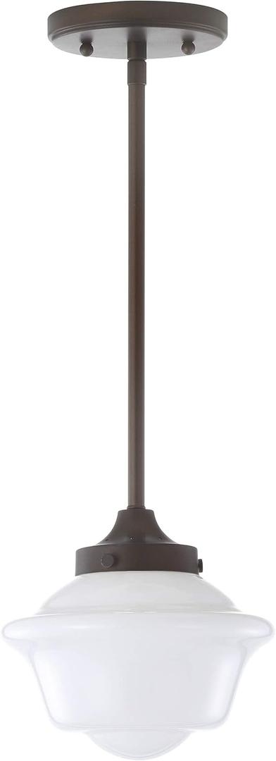 JONATHAN Y 7.25" Oil Rubbed Bronze Modern Schoolhouse LED Pendant Light Fixture, Adjustable Drop Metal Hanging Lamp with White Glass Shade for Kitchen Island, Dining Room, Foyer (JYL3516C)