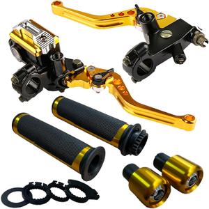 Universal 7/8 22mm Handlebar Motorcycle Brake Levers Master Cylinder Clutch Lever Left & Right Set + Hand Grips + Handlebar Ends Set Fit for Harley Honda Kawasaki Suzuki Yamaha (Gold)