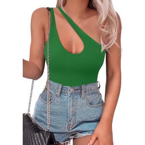 SAUNGKUAI Women's Sexy One Shoulder Sleeveless Cutout Thong Bodysuit Tank Top Body Suits V Backless Tummy Control Shapewear (Small, Green)