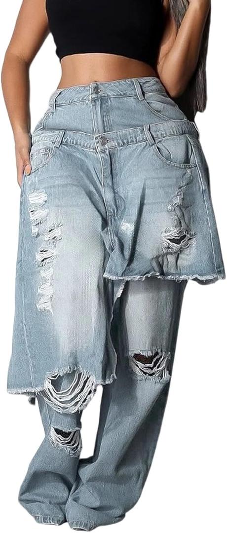 Voghtic Jeans for Women Trendy High Waisted Ripped Tear Y2K Patchwork Wide Leg Denim Pants with Pockets Streetwear (Small, Blue)